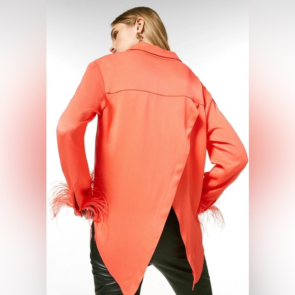 Karen Millen Satin Crepe Feather Trim Black Layered Black Blouse - Picture 5 of 11